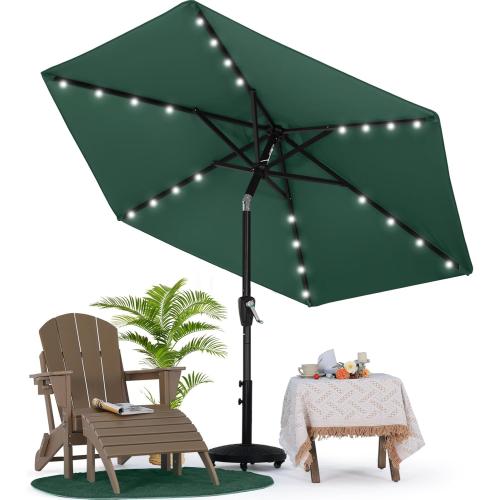 MASTERCANOPY 7.5FT 6Ribs Patio Umbrella with 32 Solar LED Lights, Outdoor Market Umbrella with Tilt & Crank, UV Protection & Fade Resistant Fabric, Easy Set-Up for Garden, Deck, Pool (Forest Green)
