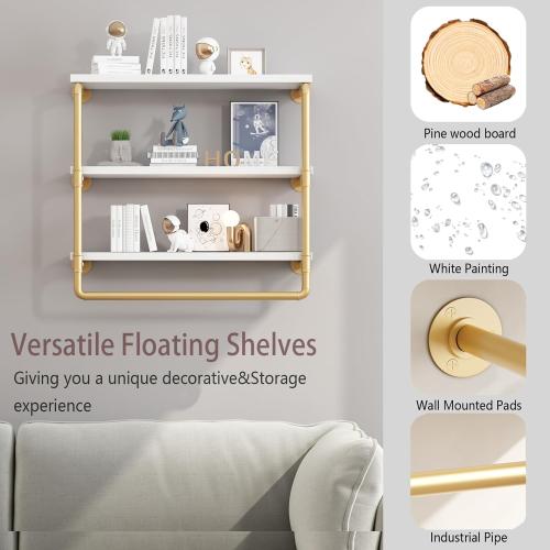 HOMEKAYT 24 Industrial Pipe Shelving, Floating Wall Shelves 3 Tier Gold Shelves with Haning Rod Multiple Use for Kitchen, Bedroom,Living Room,Bathroom
