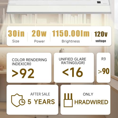 Hardwired Under Cabinet Lighting, 30in 20W LED Light for Kitchen/Closet, 1150lm, CRI>92, R9>90, 5 Color Temperature, Dimmable, 2700K-5000K(Warm White, Cool White, Daylight)