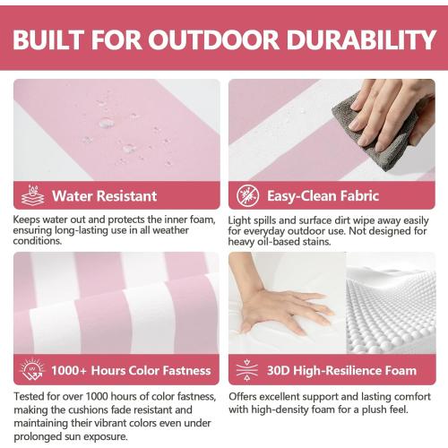 Goodgoods 20 x 50 Adirondack Chair Cushions Set of 2, 1000 Hours Fade-Resistant & Water-Resistant Outdoor Furniture Chair Cushions with 30D High-Resilience Foam for Patio, Pink and White Stripes