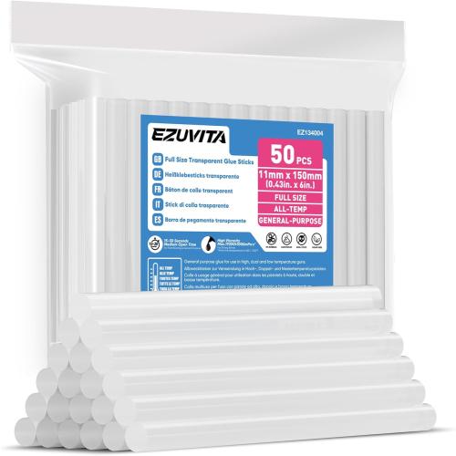 EZUVITA Full Size Hot Glue Sticks, 0.43” Dia x 6” Long, 50-Pack Clear Hot Melt Glue Gun Sticks for All-Temp Full Glue Guns, Multipurpose for DIY Art Craft General Repairs, Festival Decorations