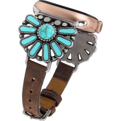 W-RARA Leather Band Compatible with Apple Watch Band Women 38/40/41/42/44/45/46/49mm, Boho Western Vintage Turquoise Ethnic Antique Style Strap for iWatch Series Ultra 2 SE 11 10 9 8 7 6 5 4 3 2 1
