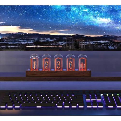 Nixie Tube Clock with Wi-Fi SYNC, Alarm & Timer, 12/24H Display, No Assembly Required - A Retro Gift for Friends (Wood Grain)