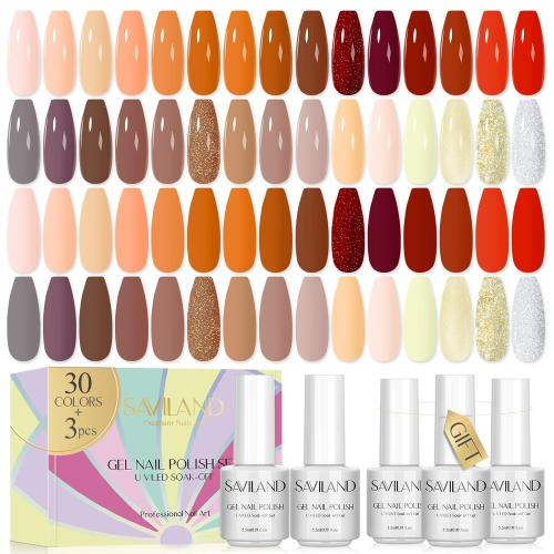 SAVILAND Halloween 33PCS Gel Nail Polish Set – Fall Brown Glitter Soak-off U V Gel Polish Kit with Base & Glossy Matte Top Gel Manicure Nail Art Starter Set Gifts for Women