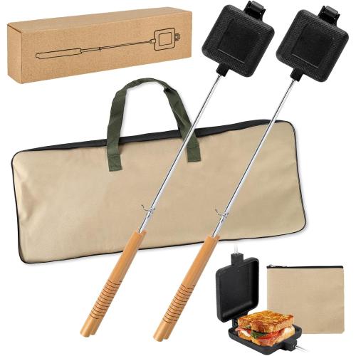 Outdoor pie irons for camping - with heat-resistant, detachable handles, includes a storage bag, easy to clean, perfect for grilling sandwiches and pies over a campfire (2-pack)