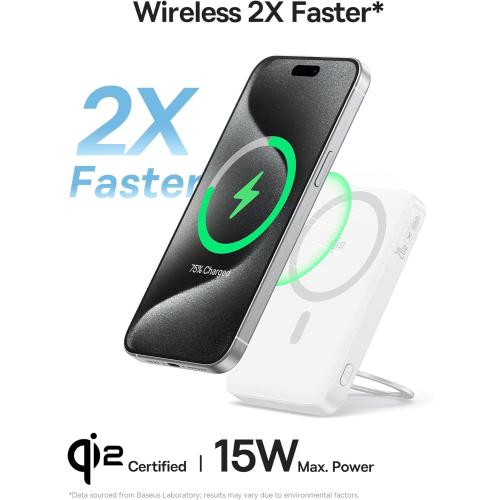 Baseus Qi2 MagSafe Power Bank, Ultra-Slim PicoGo 15W Ultra-Fast Wireless Portable Charger with 360° Rotatable Ring Stand, 5000mAh Magnetic Battery Pack for iPhone 16/15/14/13/12 Series (White)