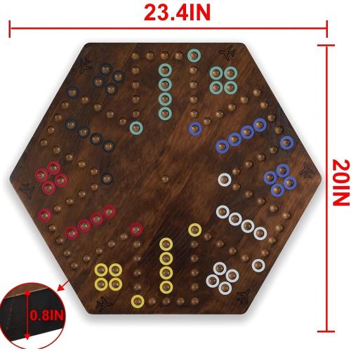 Wahoo Board Game - 23.6 inch Marble Game Board with 24 Glass Marbles and 6 Dice,Solid Wood Double-Sided Game Board for 4 or 6 Players - Family and Party Game