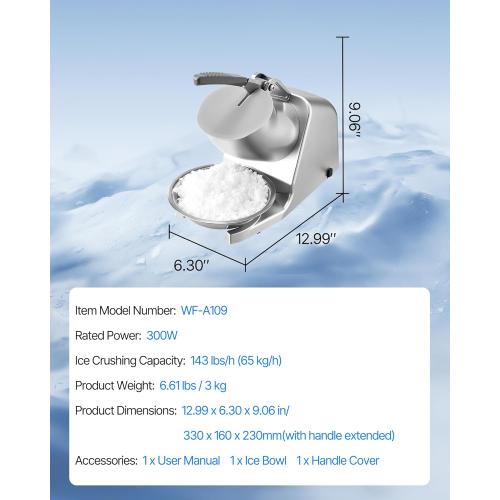 VEVOR Ice Crusher Machine, 143lbs Per Hour Electric 2 Blades Snow Cone Maker, Stainless Steel Shaved Ice Machine with Bowl and Cover, 300W 2000RPM Ice-Shaver for Home and Commercial Use, Silver
