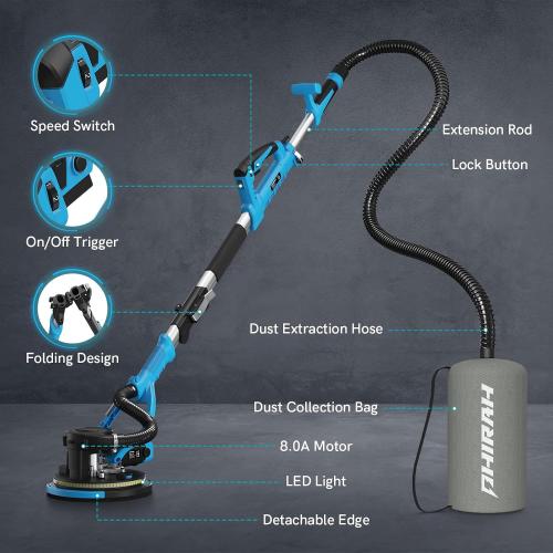 Drywall Sander with Vacuum Dust Collector, 880W Popcorn Ceiling Remover, Variable Speed 1000-2100RPM, LED Light, Foldable & Extendable Handle, 12 Sanding Discs