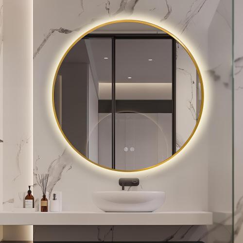 Niccy 36 Round LED Backlit Mirror with Lights, Gold Frame Anti-Fog Circle Mirror, Light Up 3 Color ShatterProof
