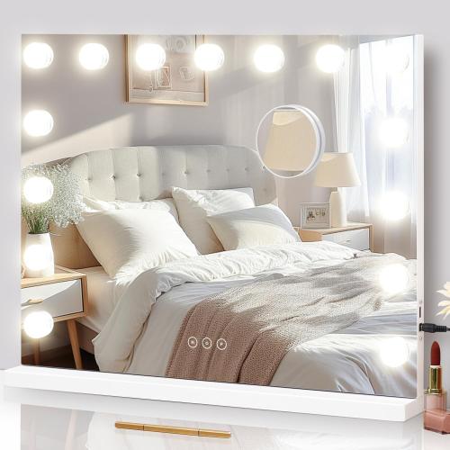 Size 24x18 Color White Vanity Mirror with Lights Lighted Makeup Mirror with 15 Dimmable LED Bulbs,3 Color Lighting Modes,USB Charging Port Touch Control,Sturdy Metal Frame Design 24x18 Inch,White