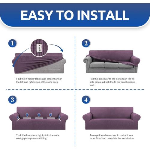 KEKUOU Stretch Sofa Cover Slipcover ，Couch Covers for 3 Cushion Couch Sofa pet Friendly (78-94) Furniture Protector Sofa with Elastic Bottom for Kids,Dog, Jacquard Small Checked(Large,Dark Purple)