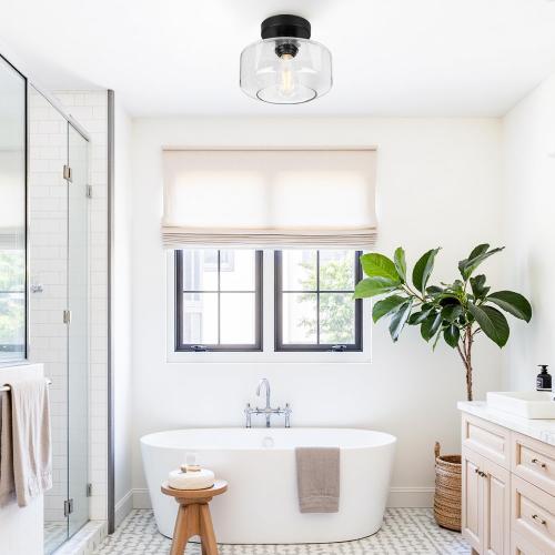 Industrial Semi Flush Mount Ceiling Light, 800 Lumen LED Bulb Included, Seeded Glass Shade Farmhouse Light Fixture for Hallway Corridor Kitchen Bathroom Bedroom Passway