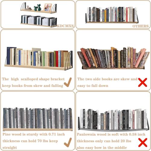 Long 48 Inch Oak Wall Bookshelf- Curved Fan-Shaped Design with Built-in Anti-Slip Book Stops|0.71 Thicker Heavy Duty White Oak Floating Shelves|Floating Book Shelf for Wall,Home Décor Set of 2