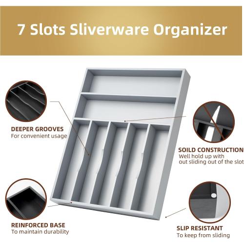 Silverware Organizer 13 Inch Gray Bamboo Kitchen Drawer Organizer 7 Slots Utensil Organizer Silverware Holder Cutlery Organizer Flatware Tray (Large)