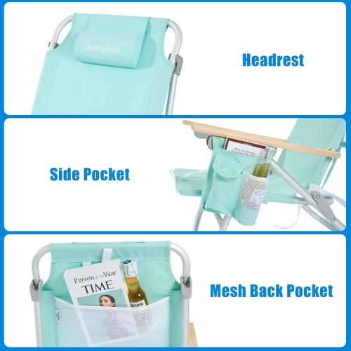 SUNNYFEEL Low Back Folding Beach Chair, Aluminum Heavy Duty Beach Chair with 5-Position, Portable Camping Chair for Adults with Wood Armrest, Lightweight Camping Chair 300lbs, Green