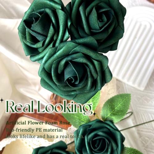 25pcs Emerald Green Artificial Flowers Foam Fake Dark Hunt Green Rose with Stems 8 Leaves Real Looking Faux Roses for Wedding Bouquets Bridal Shower Centerpieces Arrangements Party Tables Decorations