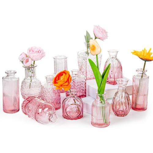Glass Bud Vase Set of 12,Small Flower Vases in Bulk,Pink Mini Vintage Vase for Home Centerpiece, Parties, Wedding Decoration for Home Centerpiece, Parties, Wedding Decoration(12)