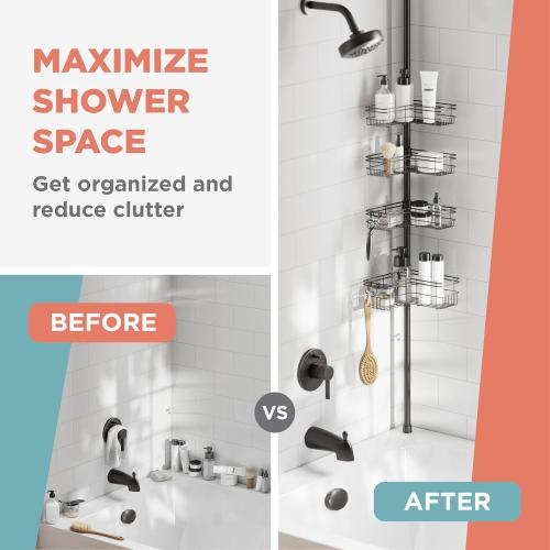 Zenna Home Tension Pole Shower Caddy Corner Organizer, Adjustable Standing Shower Caddy with 4 L-shaped Baskets and Hooks, Rust Resistant Bathroom Tension Rod Organizer, 60 to 97 Inch, Bronze