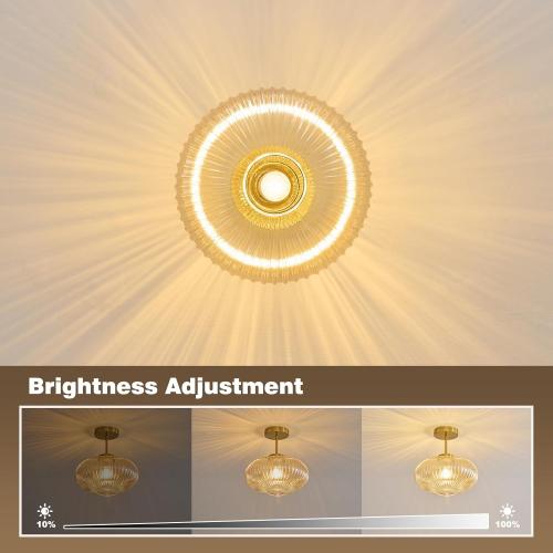 Amber Ribbed Glass Ceiling Light: 11.8 Vintage Semi Flush Mount Ceiling Lights - Mid Century Modern Brass Light Fixture - Minimalist Drum Decorative Lighting Fixtures for Bedroom Living Room Entryway
