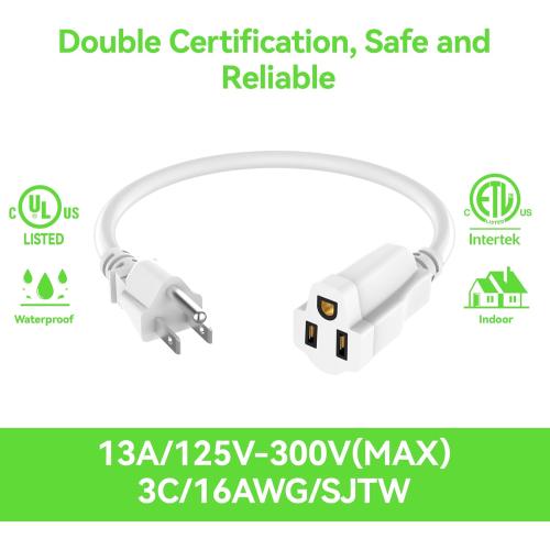 Power Extension Cord 2FT/24Inch, Short 3 Prong Electric Extension Cable Outlet Saver, Single Outlet, Outdoor and Indoor, Heavy Duty, Waterproof, Flexible, 16 AWG, SJTW, 13A 125V Extender Wire(White)