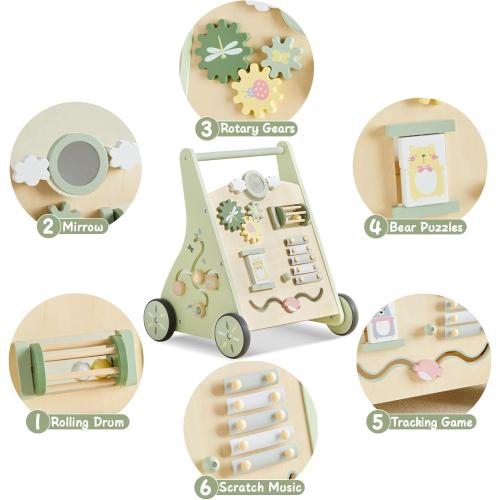 Beright Wooden Baby Walker Push and Pull Learning Activity Walker Kids’ Activity Toy Multiple Activities Center Develops Motor Skills & Stimulates Creativity(Green)