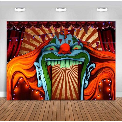 Scary Giant Clown Photography Backdrop Red White Stripe Carnival Photo Background Photo Booth Studio Props Supplies Horror Circus Haunted House 7x5ft Vinyl Halloween Party Banner Decorations