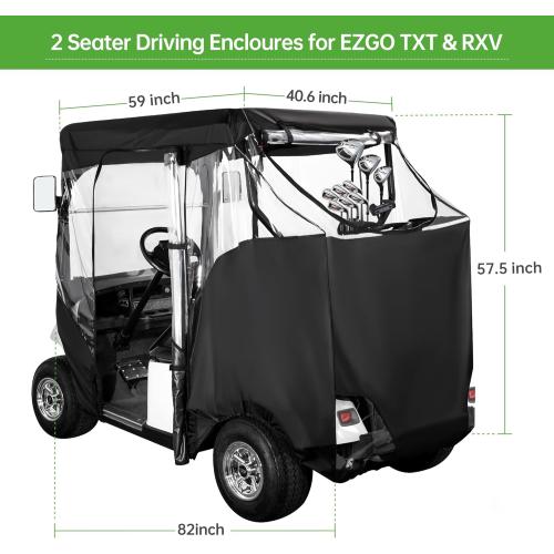 10L0L Golf Cart Enclosure Fit for 2 Passengers EZGO TXT RXV,600D Waterproof Snowproof Golf Buggy Keep Warm Cover, 2 Door Zippers 4-Side Clear Window and 4 Windproof Hooks Golf Cart Rain Cover, Black