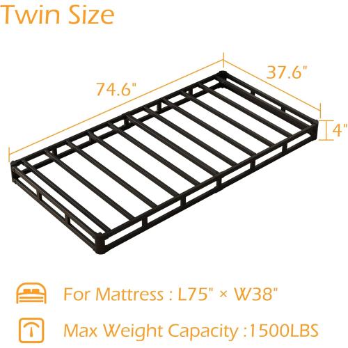 Size twin Box Spring Twin 4 Inch Low Profile, Heavy Duty Metal Box Spring Bed Base with Fabric Cover, Mattress Foundation, Easy Assembly, Noise Free, Black