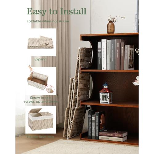 SETVSON Storage Basket with Lid Rattan Woven Storage Baskets with 2 Separate Lids, 17.2 Gallon (65 L) Wicker Storage Bins Foldable 2 Removable Liner Bags Handles for Bedroom, Laundry Room Light Khaki