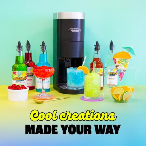 Hawaiian Shaved Ice HomePro Shaved Ice and Snow Cone Machine Kit, 6-16oz. Syrup Flavors Cherry, Grape, Blue Raspberry, Tiger’s Blood, Lemon-Lime, Pina Colada, 50 spoon straws, 6 black pour spouts