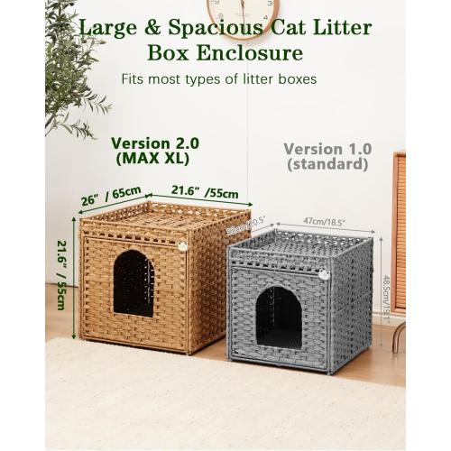 SETVSON Cat Litter Box Enclosure Furniture, Large PE Rattan Cabinet,Natural | Large PE Rattan Kitty House fits Large Litter Boxes, Included Litter Mat, 2 S-Hooks, Metal Frame, 21.6x26x21.6 In Cat Cabinet