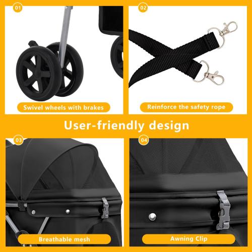 Pet Stroller for Small/Medium Dogs and Cats, Foldable 3 Wheel Jogger,One-Click Fold,Breathable Mesh, Storage Basket,Cup Holder,Weather Cover,(Black)
