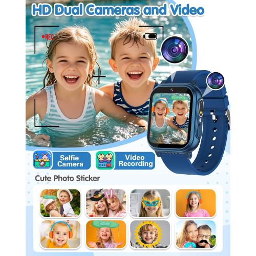 Waterproof Smart Watch for Kids with 32 Games Dual Camera, Habit Tracking, Alarm, Pedometer, HD Touchscreen with Protector, Kids Watch Toys for Boy Age 5-12 Christmas Birthday Gift Boys Girls(Blue)
