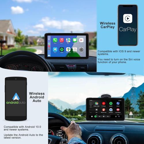 Wireless CarPlay Android Auto Car Screen, 7 Inch HD Bluetooth AirPlay Touch Screen Protable Car Stereo Naivgation Music Video Player Mirrorring, Siri, AUX, Voice Assistant