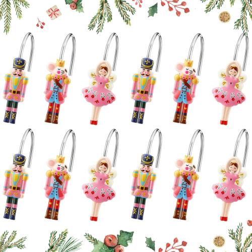 12 Pcs Christmas Nutcracker Shower Curtain Hooks Xmas Pink Nutcracker Shower Curtain Hooks Holiday Bathroom Rust Resistant Decor Rings for Winter Bathroom Bedroom Farmhouse Decorations