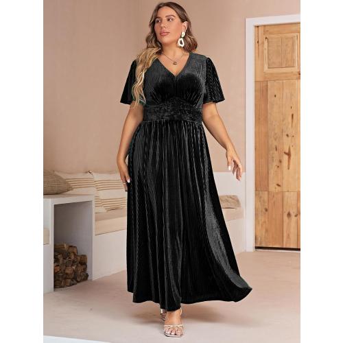 Siza 1XL Simplee Women’s V Neck Velvet Maxi Dress Short Sleeve Empire Waist Long Formal Dress for Wedding Guest