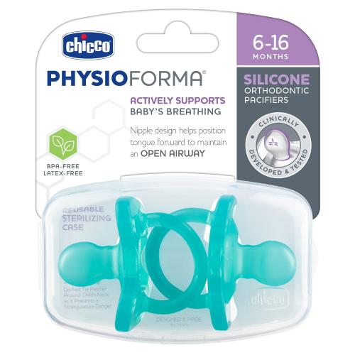 Chicco PhysioForma 100% Soft Silicone One Piece Pacifier for Babies Aged 6-16 Months | BPA & Latex Free | Reusable Sterilizing Case | Teal, 4pk