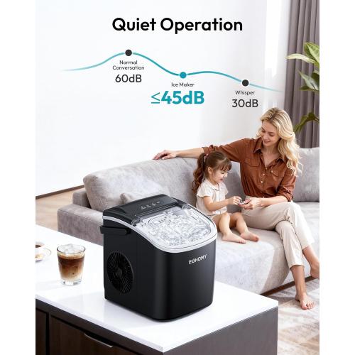 EUHOMY Countertop Ice Maker Machine with Handle, 26lbs in 24Hrs, 9 Ice Cubes Ready in 6 Mins, Auto-Cleaning Portable Ice Maker with Basket and Scoop, for Home/Kitchen/Camping/RV. (Black)