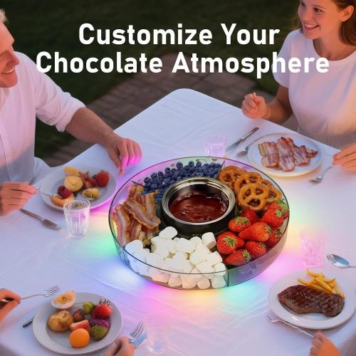 FEPPO Cordless Electric Fondue Pot Set with Mood Light, 2*4500mAh Rechargeable Battery Powered - 7 Roulette Cards & Detachable Serving Tray, 13.5 oz Chocolate Melting Machine, Ideal Gift for Parties