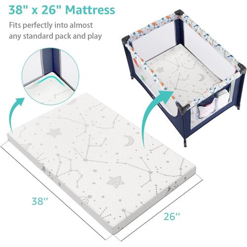 YENING Organic Cotton Pack and Play Mattress Pad Breathable 38x26 Waterproof Baby Mattress for Pack N Play Matress Topper Waterproof with Strap