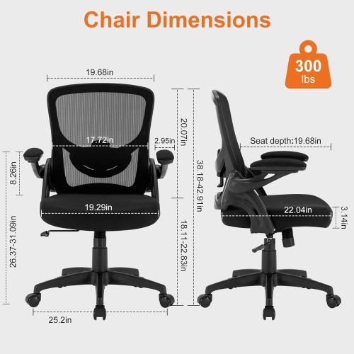 Office Chair, Ergonomic Computer Desk Chair with Adjustable Lumbar Support Comfy Breathable Mesh Chair with Flip-up Arms, Mid Back Swivel Executive Task Chair for Home Office 300lbs, Black