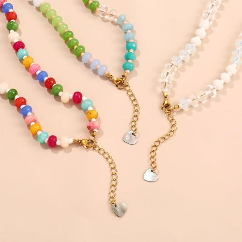 Colorful Gemstone Beaded Necklaces For Women Trendy Rainbow Natural Stone Boho Handmade Stainless Steel Waterproof Strand Necklaces Jewelry For Women Gift