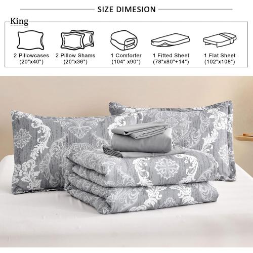 Grey Comforter  Damask Texture Gray Bed in a Bag Microfiber Boho Comforter