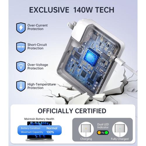 140W Charger for MacBook Pro 16/14 inch Mac Air 15/13 inch 【Original Quality】 2021-2025 M1–M4 2m/6.6FT Magnetic 3 Cable LED & Type C Fast Charger Power Adapter (Between 2021-2025)