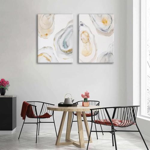 2Pcs Oyster Canvas Wall Art Abstract Coast Wall decor watercolor pictures Minimalist oyster shell prints Beach shell painting artwork for Dining room gallery Home Decoration