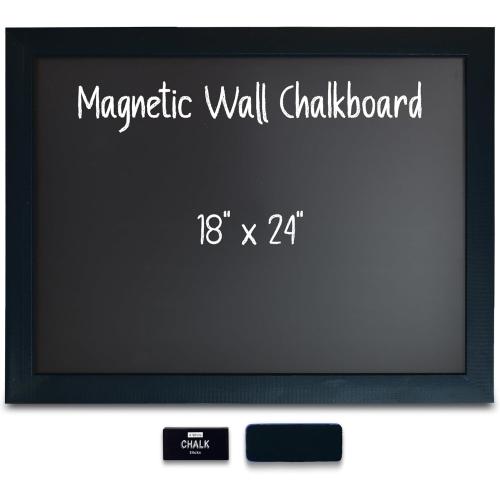 Magnetic Wall Chalkboard, Large Size 18 x 24, Rustic Wood Frame, Chalkboard Sign, Vertical or Horizontal Wall Mount, Includes Chalk and Eraser, by Better Office Products (Solid Black)
