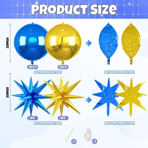 6pcs 22 inch Blue Gold Star Balloons and 4D Large Foil Balloons, Gold Foil Star Balloon Dark Blue 4D Aluminum Balloon For Birthday Baby Shower Party Wedding Father's Day Graduation men boys Decor