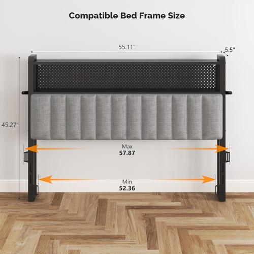 VINGLI Full Size Headboard Only, Upholstered Head Board with 2 Tier Shelves and Pegboard with Charging Stations and LED Lights, Modern Bed Headboard with Storage for Bedroom Decor, Linen Gray