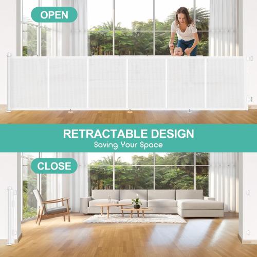 EZIGO 150 Inch Retractable Baby Gates Extra Wide Reinforced Baby Dog Gate | 34 Inch Tall Retractable Dog Gate with Reinforced Strip Mesh Safety Pet Gate for Stairs Hallway Doorway Indoor Outdoor, White